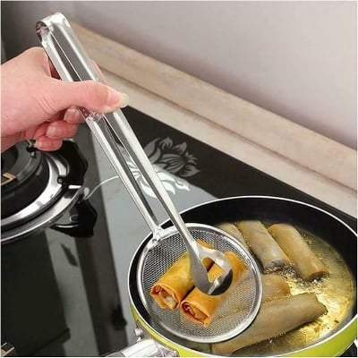 Picture of Filter Kitchen Spoon Multi-Functional 2 in 1 Fry Tool with Clip, Oil Frying BBQ Filter Stainless Steel Mesh Fry and Keep Out from Hot Oil Use Tong/Food Strainer Tong for Kitchen Tool Silver 
