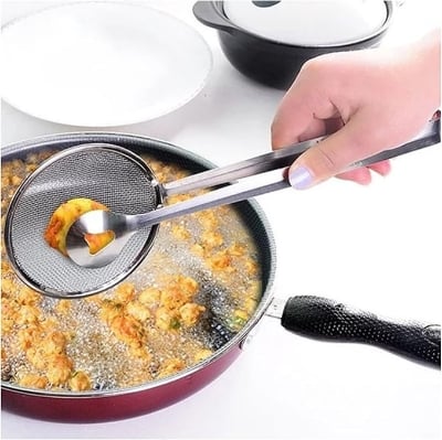 Picture of Filter Kitchen Spoon Multi-Functional 2 in 1 Fry Tool with Clip, Oil Frying BBQ Filter Stainless Steel Mesh Fry and Keep Out from Hot Oil Use Tong/Food Strainer Tong for Kitchen Tool Silver 