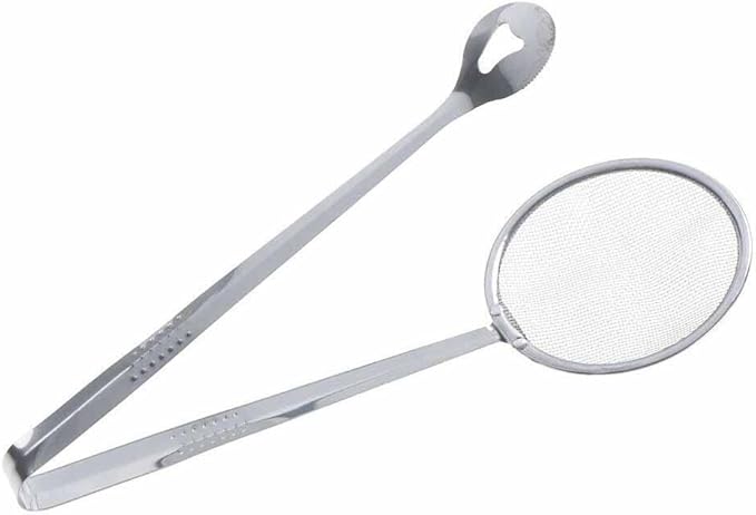 Picture of Filter Kitchen Spoon Multi-Functional 2 in 1 Fry Tool with Clip, Oil Frying BBQ Filter Stainless Steel Mesh Fry and Keep Out from Hot Oil Use Tong/Food Strainer Tong for Kitchen Tool Silver 