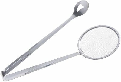 Picture of Filter Kitchen Spoon Multi-Functional 2 in 1 Fry Tool with Clip, Oil Frying BBQ Filter Stainless Steel Mesh Fry and Keep Out from Hot Oil Use Tong/Food Strainer Tong for Kitchen Tool Silver 