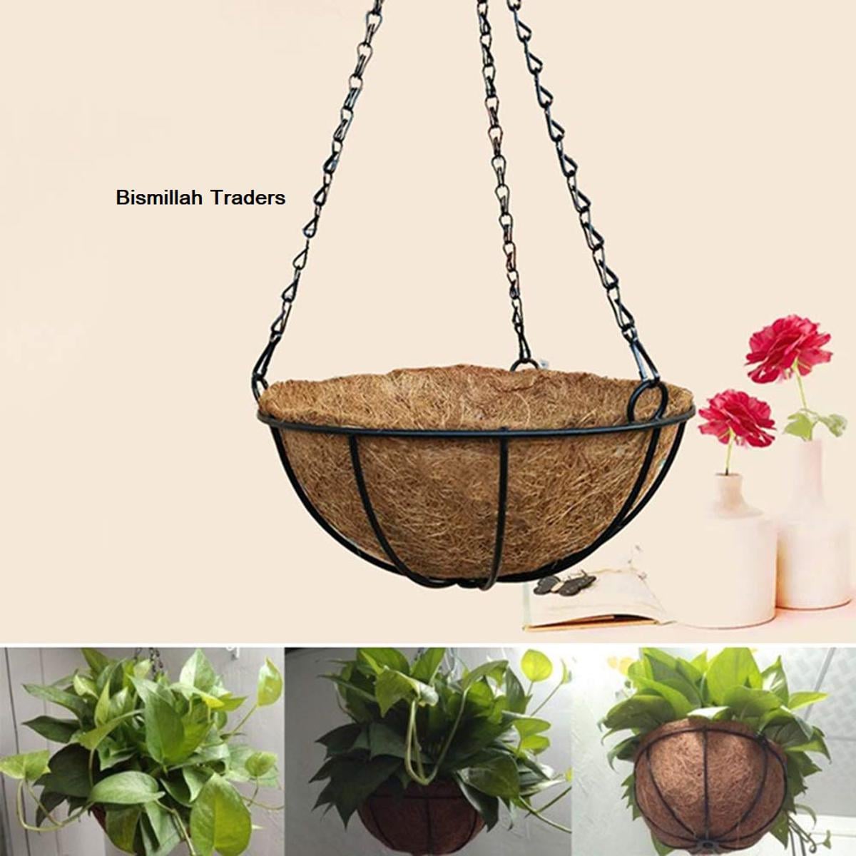 Picture of Metal Hanging Basket With Coco Liner & Hanging Chain Planter Flower Tub Pot Metal Hanging Planter Basket with Coco Coir Liner Round Wire Plant Holder with Chain Black 