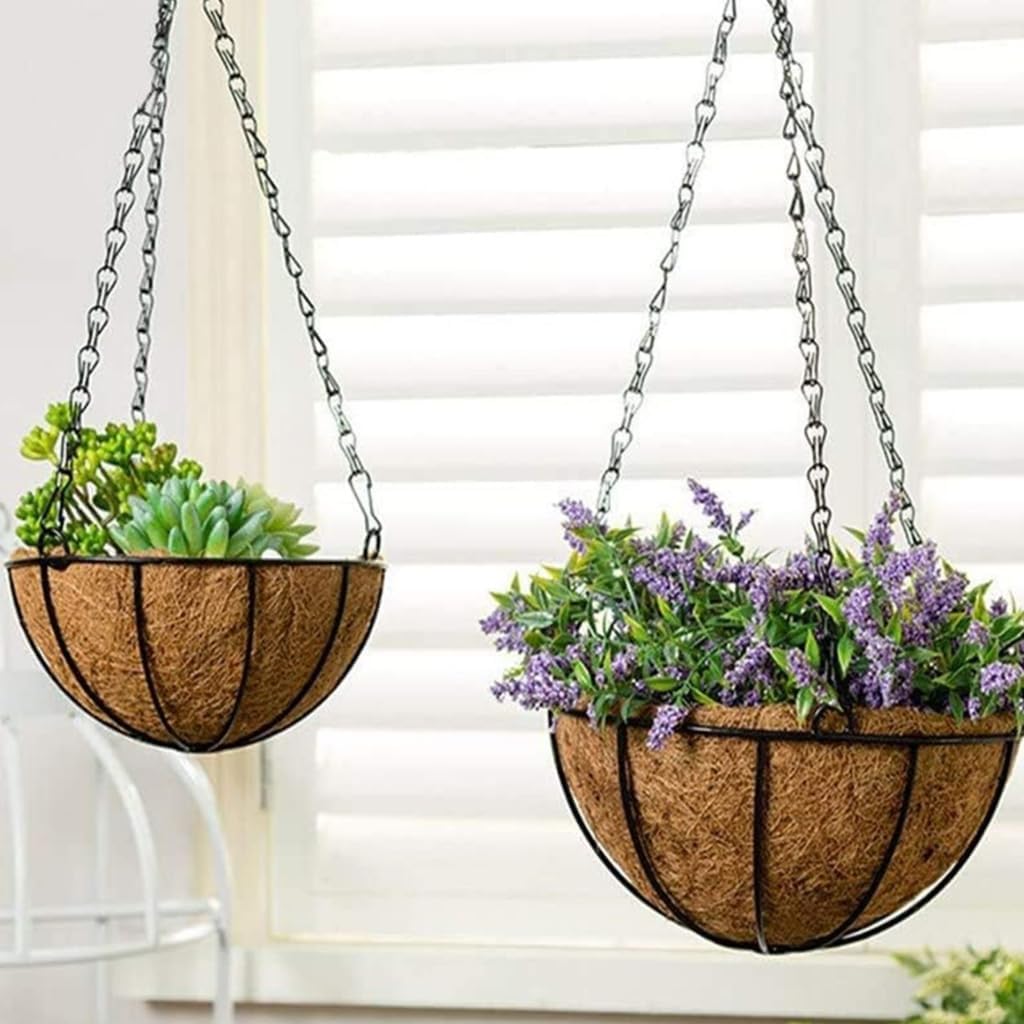 Picture of Metal Hanging Basket With Coco Liner & Hanging Chain Planter Flower Tub Pot Metal Hanging Planter Basket with Coco Coir Liner Round Wire Plant Holder with Chain Black 