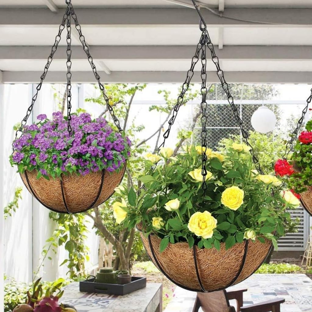 Picture of Metal Hanging Basket With Coco Liner & Hanging Chain Planter Flower Tub Pot Metal Hanging Planter Basket with Coco Coir Liner Round Wire Plant Holder with Chain Black 