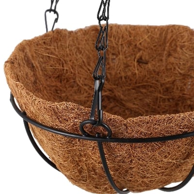 Picture of Metal Hanging Basket With Coco Liner & Hanging Chain Planter Flower Tub Pot Metal Hanging Planter Basket with Coco Coir Liner Round Wire Plant Holder with Chain Black 