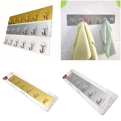 Picture of Self-Adhesive Wall Hook Sticker | Kitchen Organizer Hooks | Golden Wall Hanger for Hanging | Door Hooks Rail for Hanging Towel, Keys, Clothes, 6 Hooks (1) Multicolor 