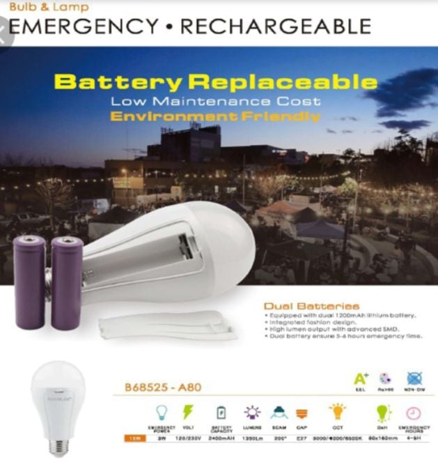 Picture of 2 Rechargeable Battery Ac Dc Light Bulb - Dim Light White 