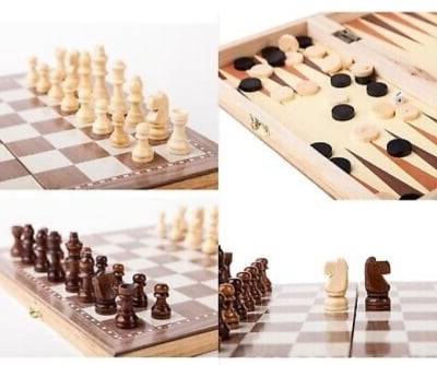 Picture of Folding International wood Chess Set 3-in-1 Chess Set for Party Family Activities 33x33cm Brown 