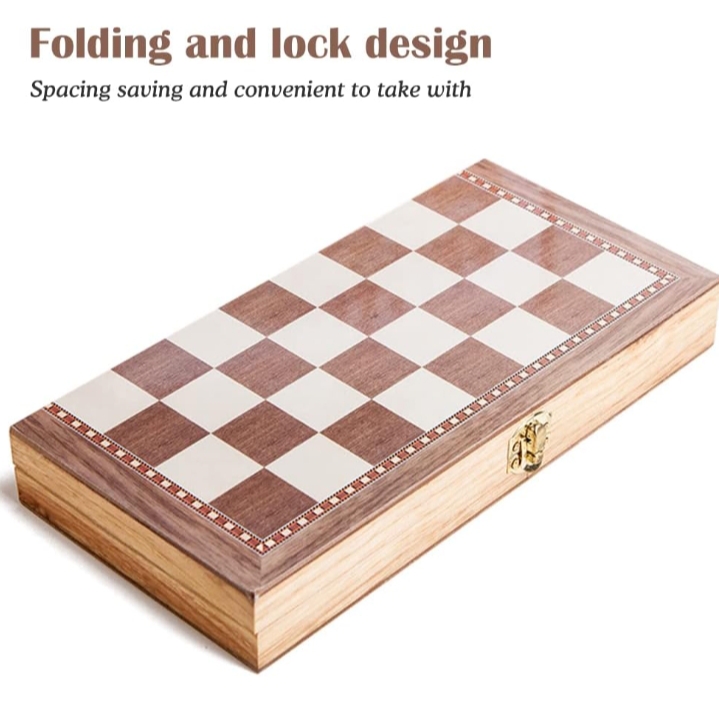Picture of Folding International wood Chess Set 3-in-1 Chess Set for Party Family Activities 33x33cm Brown 
