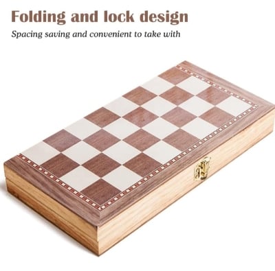 Picture of Folding International wood Chess Set 3-in-1 Chess Set for Party Family Activities 33x33cm Brown 