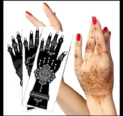 Picture of 7 Pcs Large Henna Tattoo Stencils for Girls Woman Body Paint Indian Arabian Temporary Tattoo Arm Hand Templates Tattoo Stickers Kit Reusable Mehedi sticker Black 