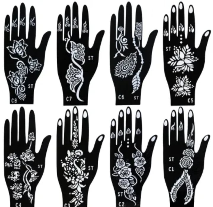 Picture of 7 Pcs Large Henna Tattoo Stencils for Girls Woman Body Paint Indian Arabian Temporary Tattoo Arm Hand Templates Tattoo Stickers Kit Reusable Mehedi sticker Black 