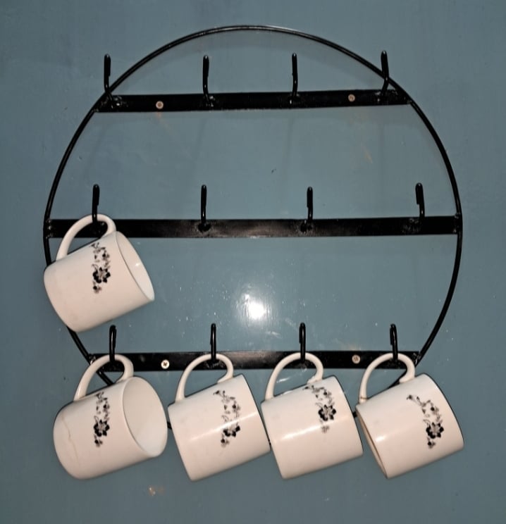 Picture of Iron Metal Coffee Mug Rack Vertical Wall Mounted Storage Display Organizer Hooks for Coffee Mugs, Tea Cups, Mason Jars, and Many More Black 