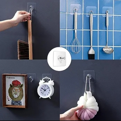Picture of 7 Pcs Self adhesive Hook hanger Photo Frame Hooks for Wall Without Drilling, Self Adhesive Hooks for Wall Heavy Duty Strong Nail Free for Hanging Photo Frame (Hanging Hook, Transparent) Stainless Steel  
