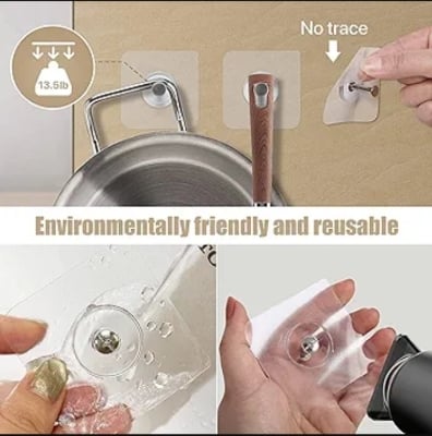 Picture of 7 Pcs Self adhesive Hook hanger Photo Frame Hooks for Wall Without Drilling, Self Adhesive Hooks for Wall Heavy Duty Strong Nail Free for Hanging Photo Frame (Hanging Hook, Transparent) Stainless Steel  