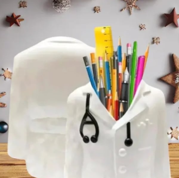 Picture of Doctor Coat Pen stand with Your name at the back. For Doctors, Surgeon, Medico, Dr. and Medical Aspirants. Best gifts for birthdays, graduation special occasion White 