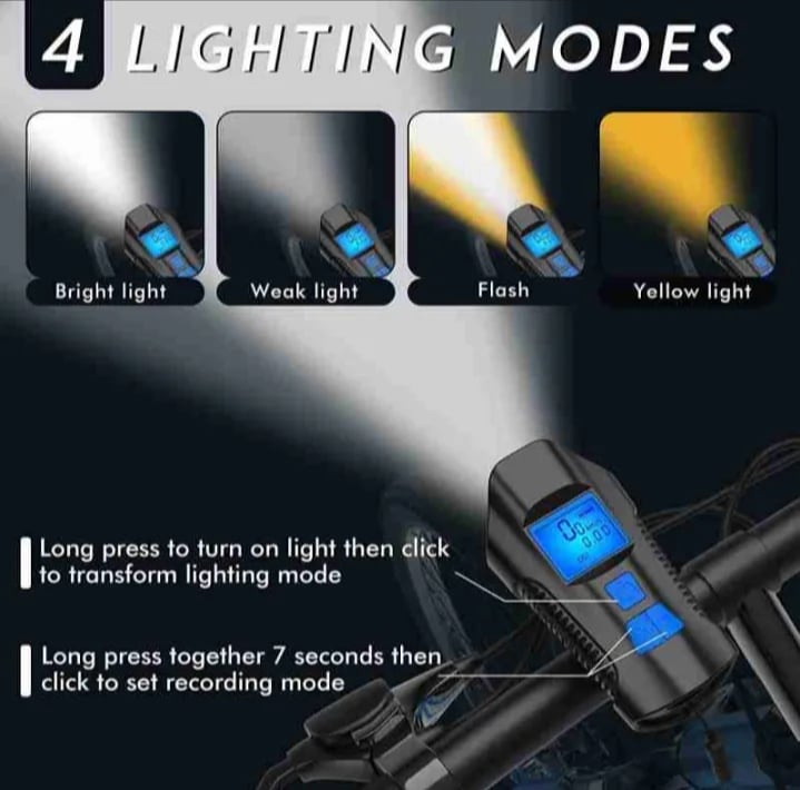 Picture of Waterproof Bicycle Light USB Charging Bike Front Light Flashlight Handlebar Cycling Head Light Speed Meter LCD Screen Black 