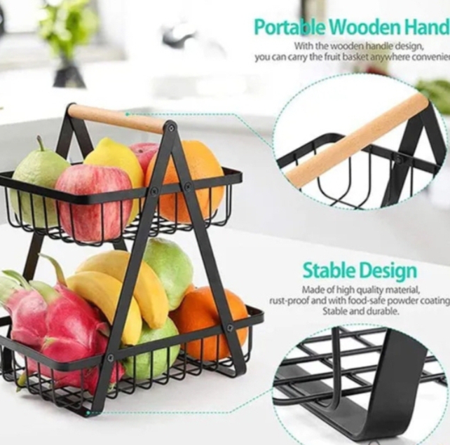 Picture of 2-Tier Countertop Fruit Basket with Wooden Handle for Kitchen and Dining Room, Fruit Bowl Vegetable Bread Holder Storage Display Black 