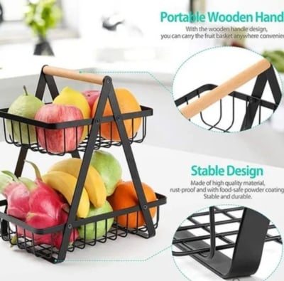 Picture of 2-Tier Countertop Fruit Basket with Wooden Handle for Kitchen and Dining Room, Fruit Bowl Vegetable Bread Holder Storage Display Black 