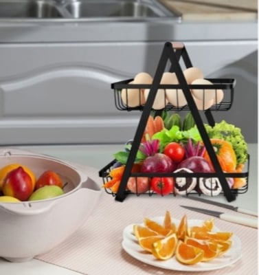 Picture of 2-Tier Countertop Fruit Basket with Wooden Handle for Kitchen and Dining Room, Fruit Bowl Vegetable Bread Holder Storage Display Black 