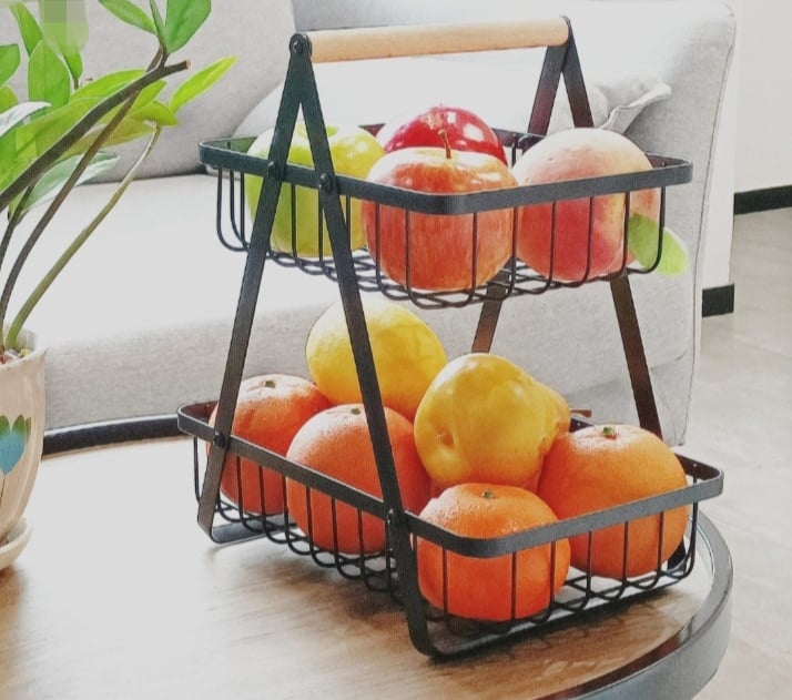 Picture of 2-Tier Countertop Fruit Basket with Wooden Handle for Kitchen and Dining Room, Fruit Bowl Vegetable Bread Holder Storage Display Black 