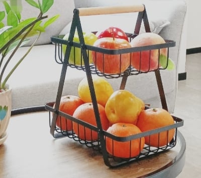 Picture of 2-Tier Countertop Fruit Basket with Wooden Handle for Kitchen and Dining Room, Fruit Bowl Vegetable Bread Holder Storage Display Black 
