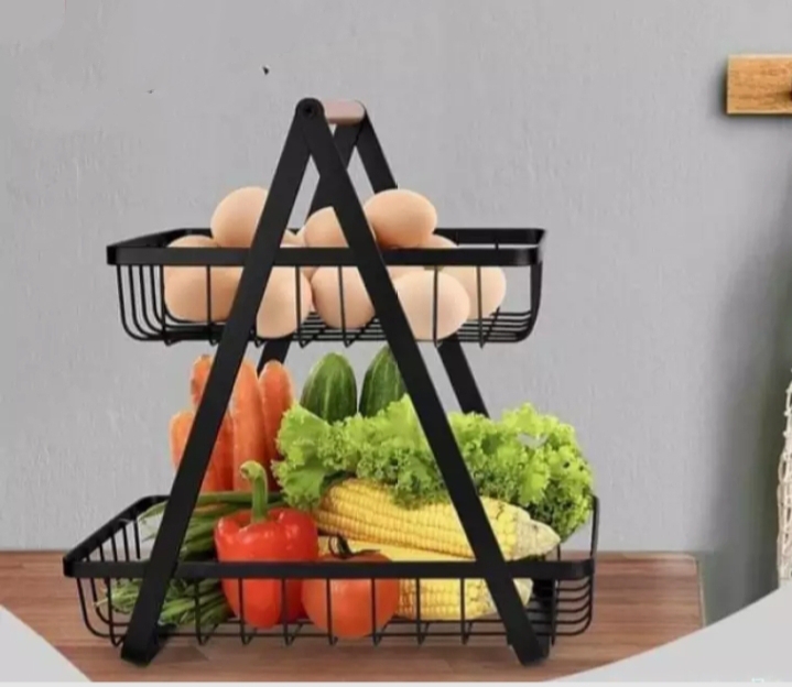 Picture of 2-Tier Countertop Fruit Basket with Wooden Handle for Kitchen and Dining Room, Fruit Bowl Vegetable Bread Holder Storage Display Black 