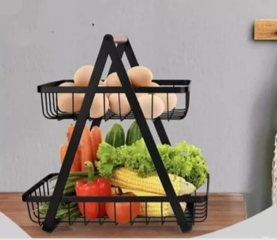 Picture of 2-Tier Countertop Fruit Basket with Wooden Handle for Kitchen and Dining Room, Fruit Bowl Vegetable Bread Holder Storage Display Black 