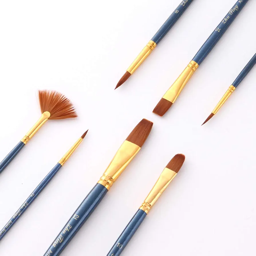 Picture of Paint Brush Set 7 Pieces Professional Paint Brushes Artist Brushes Nylon Hair Brushes Assorted Shapes for Watercolor Oil Acrylic Painting Blue 