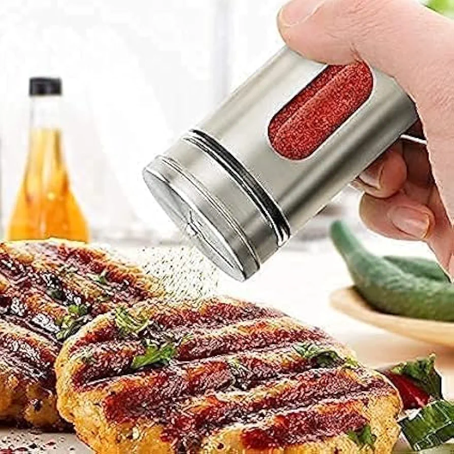 Picture of Classic Look Clear Glass Window Salt & Pepper Sprinkler with Stainless Steel Lid and Rack Multicolor 