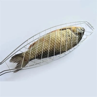 Picture of 1Pcs Fish Grill Basket, Folding Portable Stainless Steel Fish Grill Basket for Roasting Fish Silver 