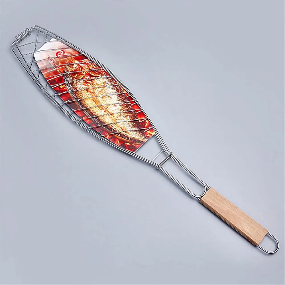 Picture of 1Pcs Fish Grill Basket, Folding Portable Stainless Steel Fish Grill Basket for Roasting Fish Silver 