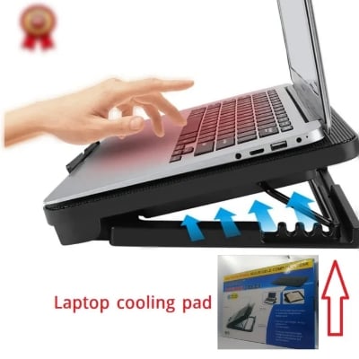 Picture of Laptop Cooling Pad LED Cooling Fan Four-Way Fan LCD Display Fan Controller USB Power Supply Up to 17 Inches Non-Slip Mat Black Grid Black 