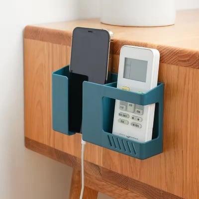 Picture of Wall Mounted Organizer Box Punch Free Remote Control Storage Box Mobile Phone Plug Holder Container Rack Shelf Organizer 1 pcs self adhesive remote n mobile holder Multicolor 