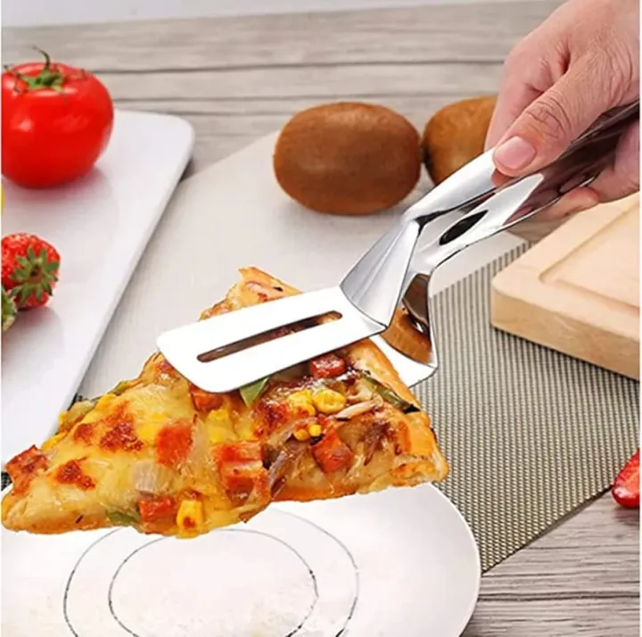 Picture of Stainless Steel Kitchen Tongs Food Bread Salad Tongs Fried Steak Turner BBQ Meat Tongs Clamp Food Serving Tongs Premium Stainless Steel Cooking Tongs with Thickened Handle for Cooking,Turning,Frying,BBQ,Double Sided Leakhole Silver 