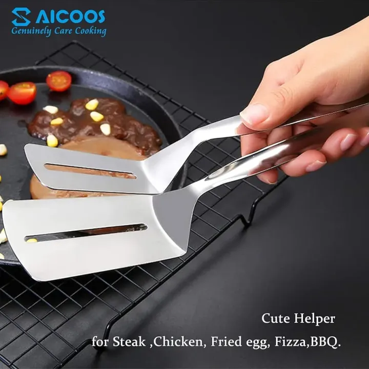 Picture of Stainless Steel Kitchen Tongs Food Bread Salad Tongs Fried Steak Turner BBQ Meat Tongs Clamp Food Serving Tongs Premium Stainless Steel Cooking Tongs with Thickened Handle for Cooking,Turning,Frying,BBQ,Double Sided Leakhole Silver 