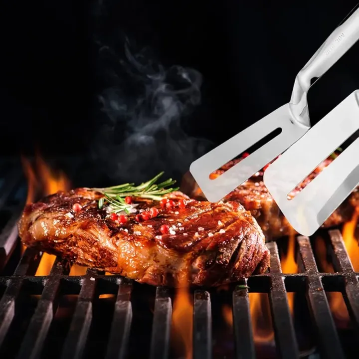 Picture of Stainless Steel Kitchen Tongs Food Bread Salad Tongs Fried Steak Turner BBQ Meat Tongs Clamp Food Serving Tongs Premium Stainless Steel Cooking Tongs with Thickened Handle for Cooking,Turning,Frying,BBQ,Double Sided Leakhole Silver 