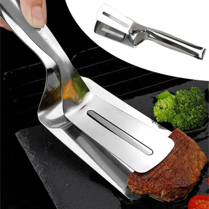 Picture of Stainless Steel Kitchen Tongs Food Bread Salad Tongs Fried Steak Turner BBQ Meat Tongs Clamp Food Serving Tongs Premium Stainless Steel Cooking Tongs with Thickened Handle for Cooking,Turning,Frying,BBQ,Double Sided Leakhole Silver 