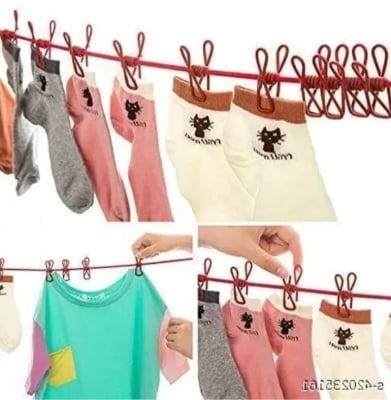 Picture of Elastic Outdoor Clothesline Pants Laundry Drying Hanger Rope with 12 Clips Travel Camping Drying Clothes Hanger Multicolor 