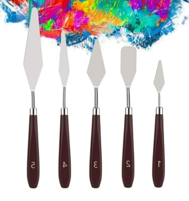 Picture of 5pcs Palette Painting kit ,Stainless Steel Spatula Palette tools set Oil Painting Accessories for Oil, Canvas, Acrylic Painting Brown 