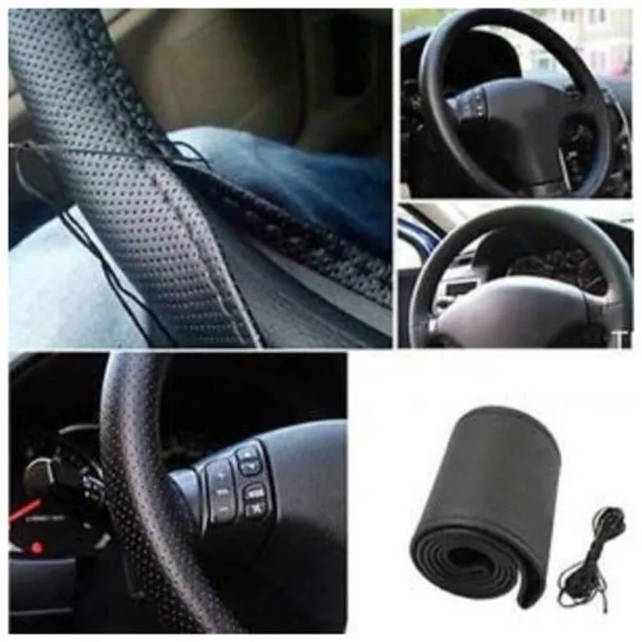 Picture of Black DIY Pu Leather Car Perforated Steering Wheel Cover  