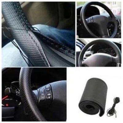 Picture of Black DIY Pu Leather Car Perforated Steering Wheel Cover  