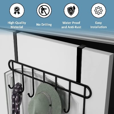 Picture of Over The Door 7 Hook Door Hanger:Over The Door Towel Rack Hooks for Hanging,Metal Towel Hanger Door Coat Hanger Over Door Coat Rack for Towels,Clothes Black 