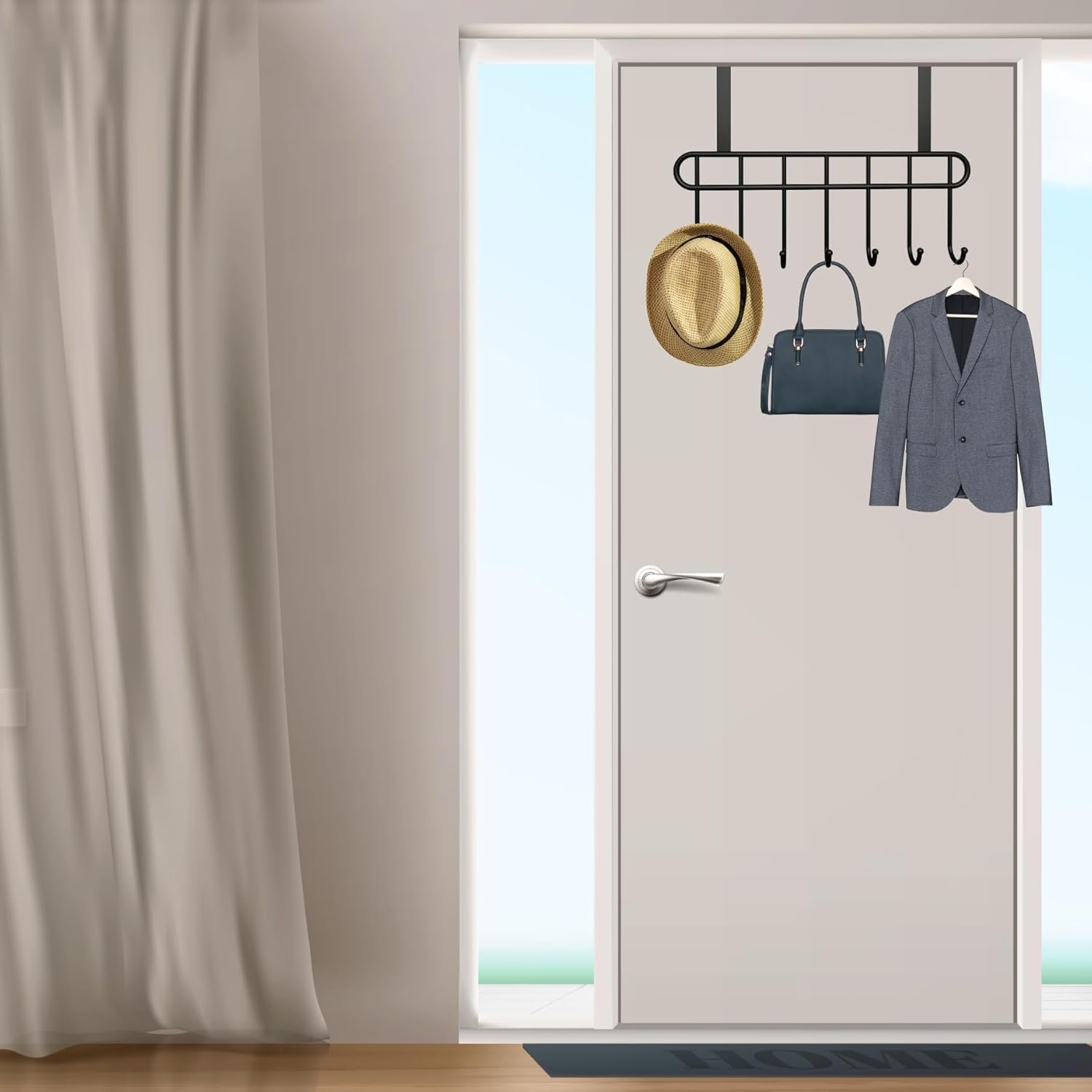 Picture of Over The Door 7 Hook Door Hanger:Over The Door Towel Rack Hooks for Hanging,Metal Towel Hanger Door Coat Hanger Over Door Coat Rack for Towels,Clothes Black 
