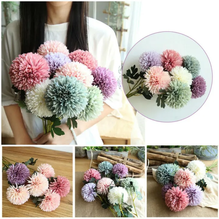 Picture of 6 Pcs Bunch Artificial Flower Bouquet Silk Dandelion multicolor Flower Ball Fake Flowers DIY Home Widding Decoration Multicolor 