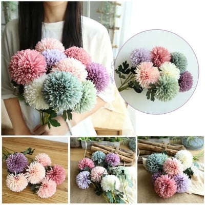 Picture of 6 Pcs Bunch Artificial Flower Bouquet Silk Dandelion multicolor Flower Ball Fake Flowers DIY Home Widding Decoration Multicolor 
