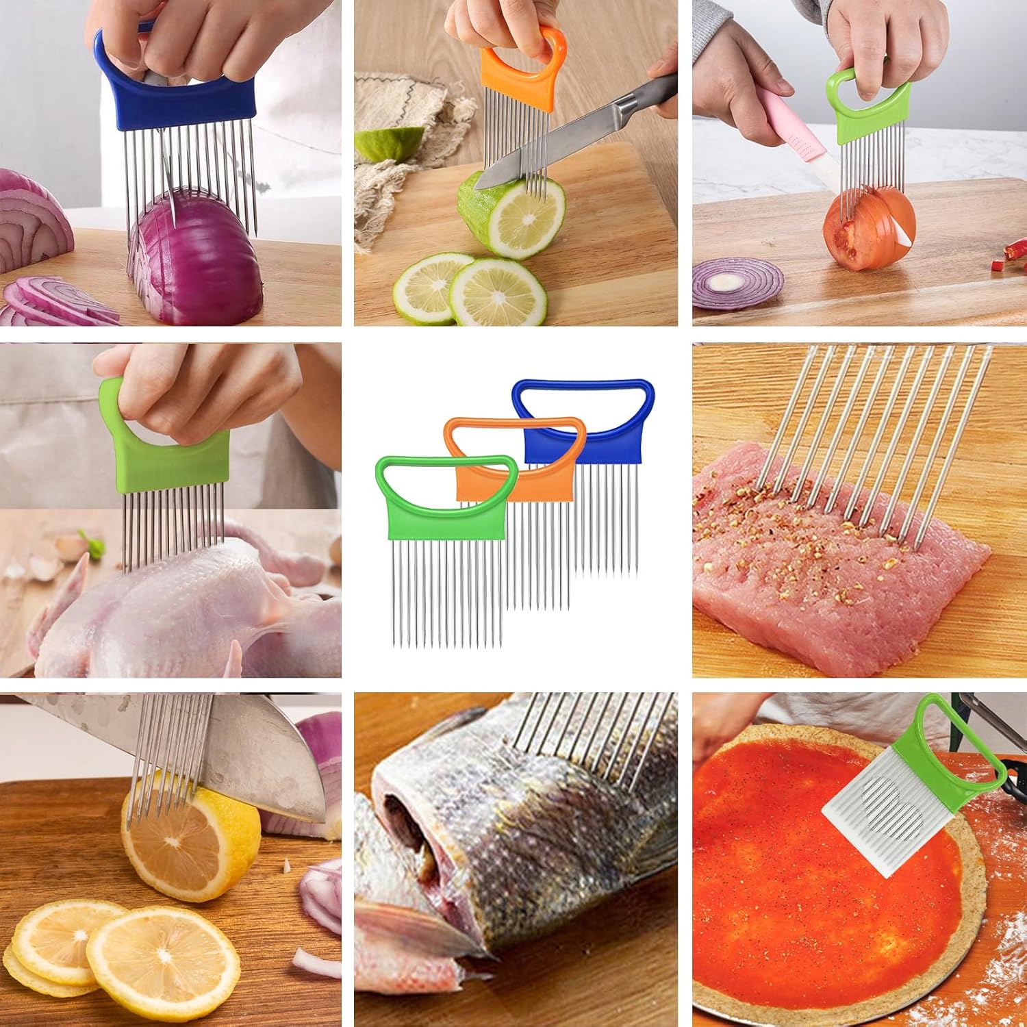 Picture of 1 Pieces Onion Holder for Slicing, Vegetable Tomato Holder Slicer Cutter for Kitchen Worker Safety Cooking Tools,Onion Cutter for Slicing, Potato Lemon Slicer Tomato Slicers Kitchen Comb for Vegetables, Fruit and Meat Multicolor 