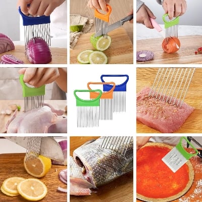 Picture of 1 Pieces Onion Holder for Slicing, Vegetable Tomato Holder Slicer Cutter for Kitchen Worker Safety Cooking Tools,Onion Cutter for Slicing, Potato Lemon Slicer Tomato Slicers Kitchen Comb for Vegetables, Fruit and Meat Multicolor 
