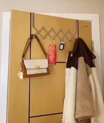 Picture of Sturdy Over The Door Hook Hanger, Expandable Door Clothes Hanger with 6 Hooks for Bathroom Bedroom Living Room, Metal Stainless Steel Coat Hanger for Clothes Robes Hats Belt Bag Towels Silver 
