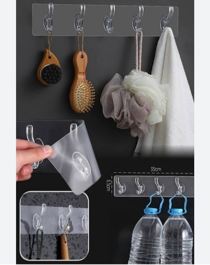 Picture of 6 Rows Transparent Sticky Hook, Adhesive Sticker Hanger in Home, Waterproof Seamless Invisible Strong Self Adhesive Wall Mounted (1 Pc) Hook for home kitchen bathroom  