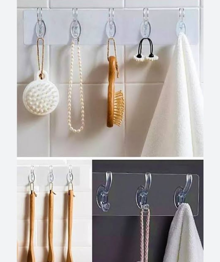 Picture of 6 Rows Transparent Sticky Hook, Adhesive Sticker Hanger in Home, Waterproof Seamless Invisible Strong Self Adhesive Wall Mounted (1 Pc) Hook for home kitchen bathroom  